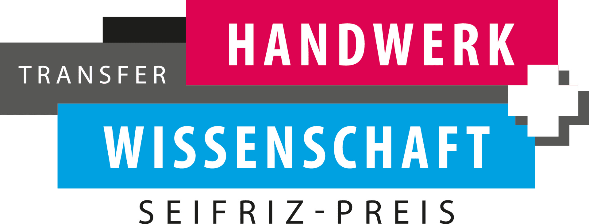Logo mit dem Schriftzug TRANSFER HANDWERK WISSENSCHAFT SEIFRIZ-PREIS in weißer Schrift auf schwarzen, roten und blauen Rechtecken, mit einer weißen abstrakten Form auf der rechten Seite.