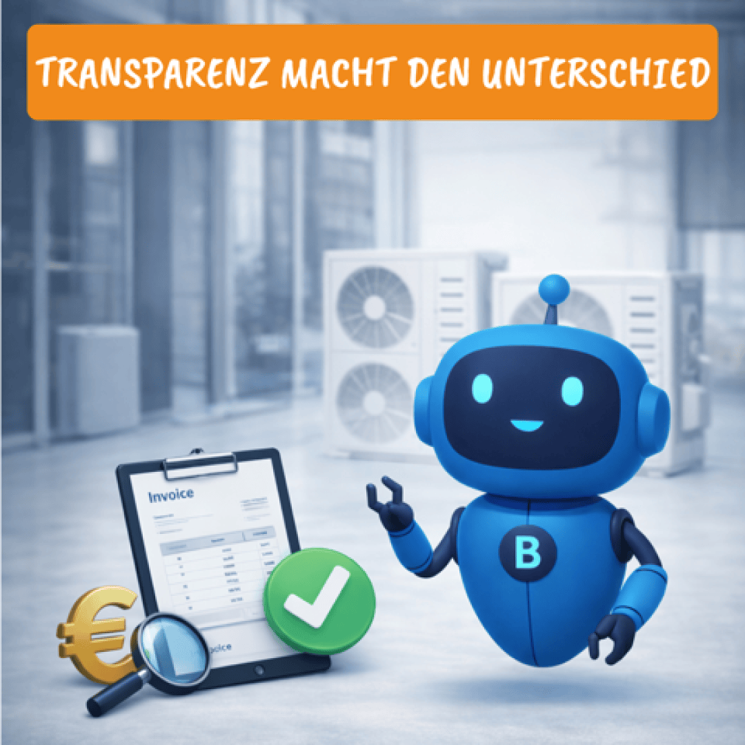Ein lächelnder blauer Roboter steht neben einem Klemmbrett mit einer Rechnung, einem Vergrößerungsglas, einem Euro-Symbol und einem grünen Häkchen. Der Text darüber lautet: Transparenz macht den Unterschied. Büro-Hintergrund.