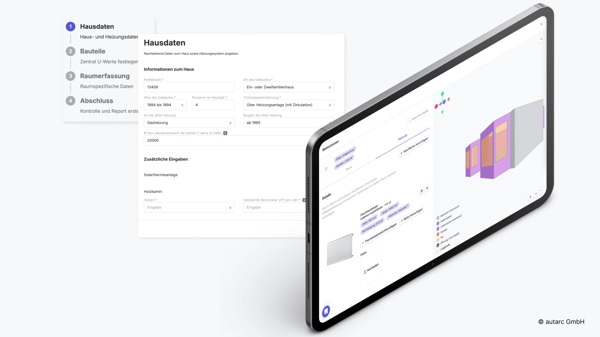 Ein Tablet zeigt ein 3D-Gebäudemodell und eine Schnittstelle für die Eingabe von Hausdaten an, wobei zusätzliche Dateneingabebereiche und Navigationsmenüs auf einem schwebenden Panel auf der linken Seite angezeigt werden.